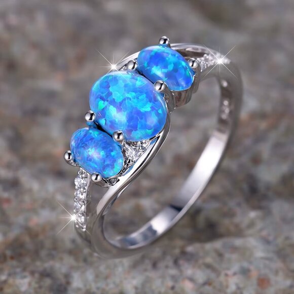 NEW 14k White Gold Blue Opal Diamond Ring Oval Cut Ring - Picture 4 of 6